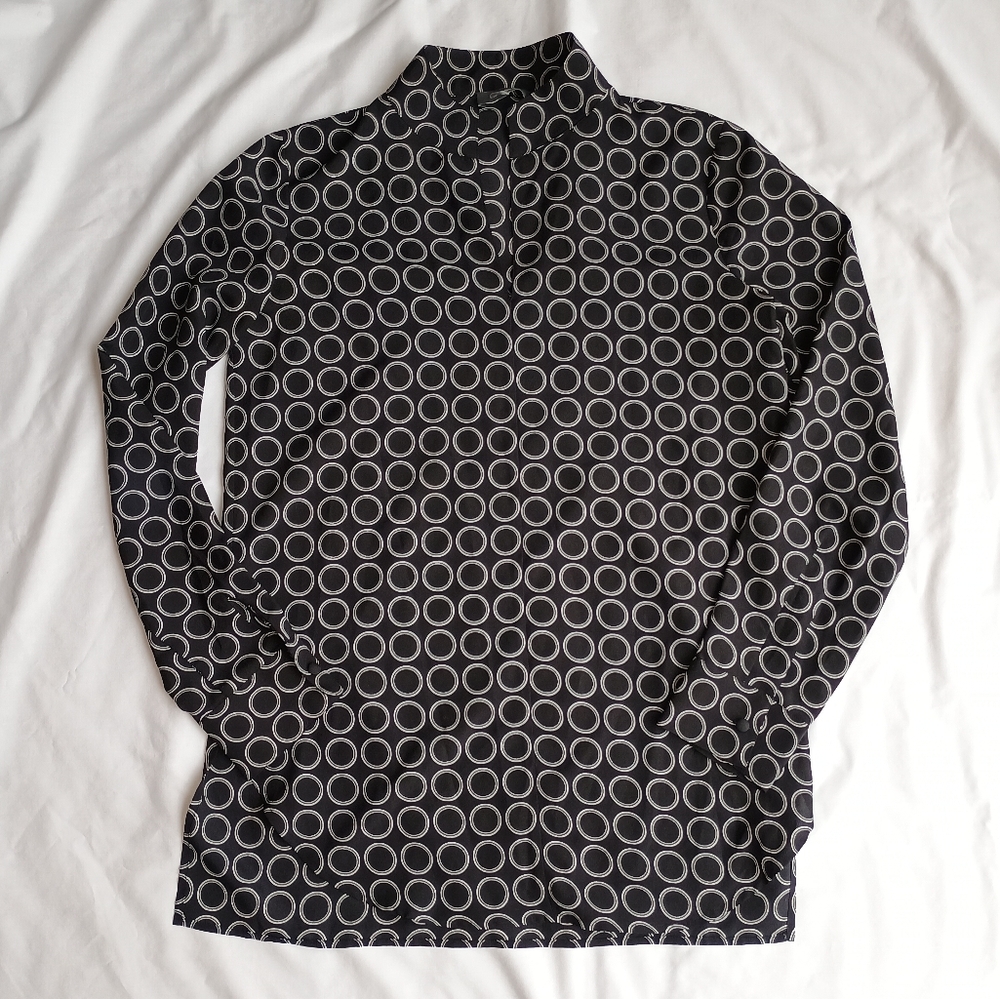 Neiman Marcus Popover Tunic Women's Sz 4 Mandarin Collar Long Sleeve Print Black